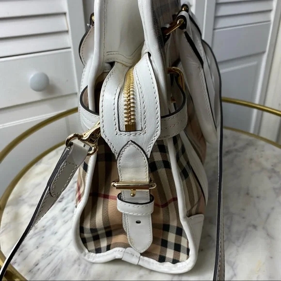 VTG Burberry Minford Satchel Haymarket Coated Canvas White Leather Gold Hardware - Picture 10 of 16